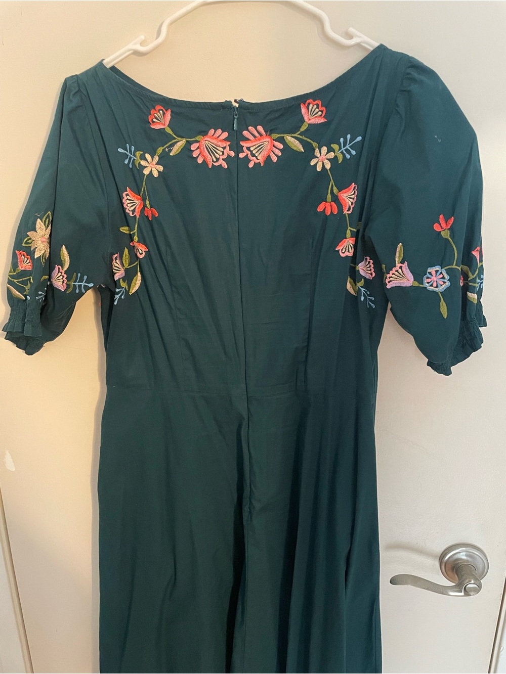 eshakti Teal Green Embroidered Midi Dress with Puff Sleeves - Picture 4 of 8
